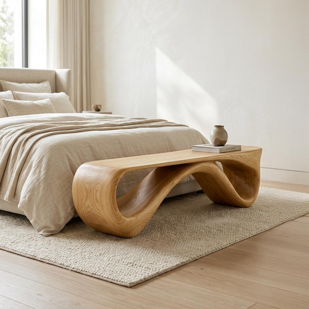 Contemporary Natural Wood Bench, Rustic Entryway Hallway Seating, Solid Timber Accent Dining Bench for Home