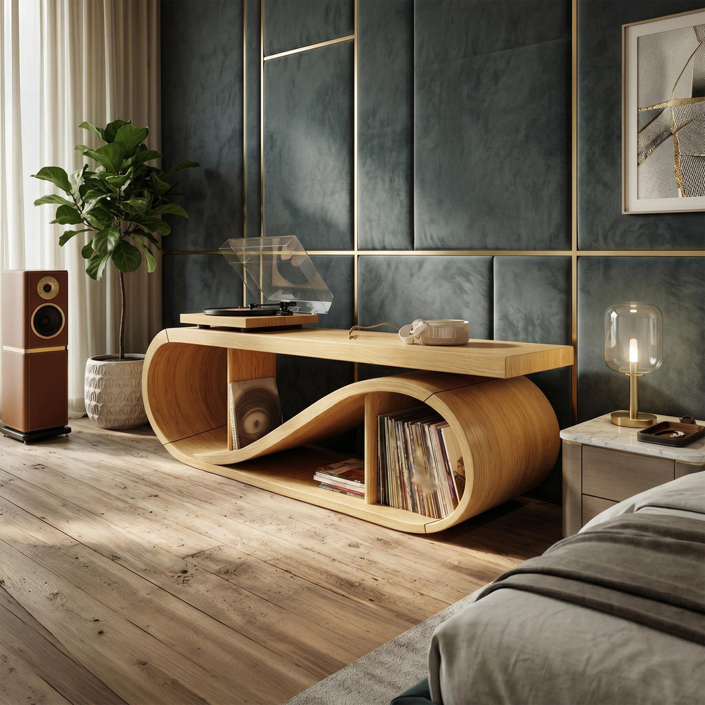 Spry Interior Coastal Wave Wood Record Storage Cabinet, Handcrafted Driftwood Style Turntable Stand with LP Shelves, Model SILDTTRRPT042