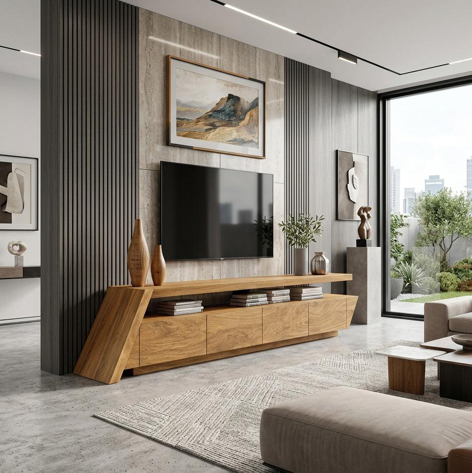 Modern Geometric TV Stand, Mid Century Wooden Media Console Credenza for Living Room Entertainment Center
