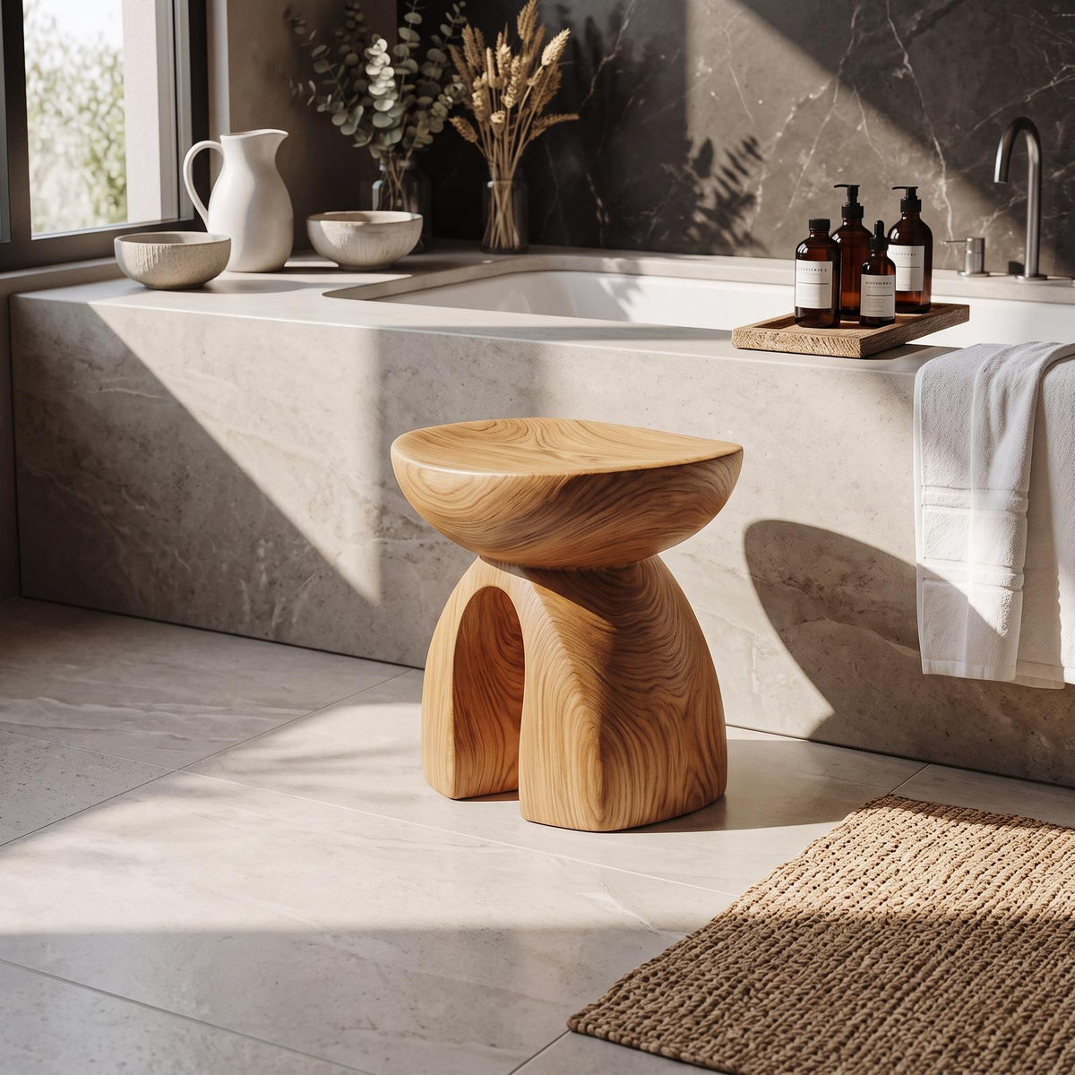 Rustic Solid Wood Shower Bench, Handcrafted Waterproof Bathroom Bath Stool & Spa Seating Organizer Chair