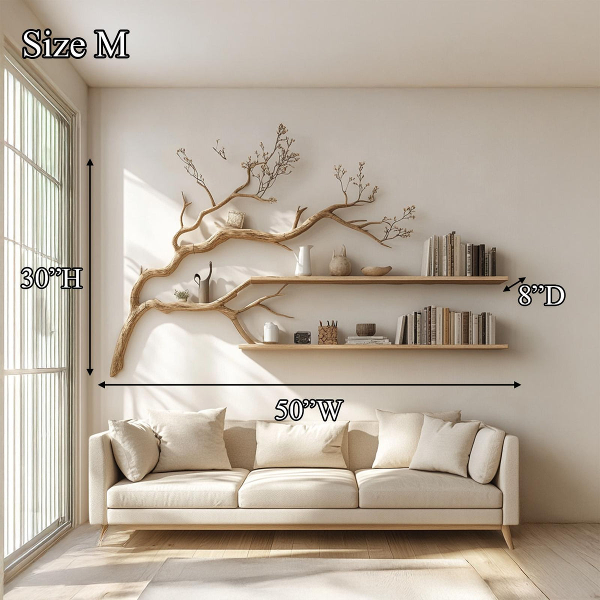 Rustic Organic Tree Display Shelf, Handcrafted Solid Wood Wall Mounted Bookshelf & Decorative Wall Art