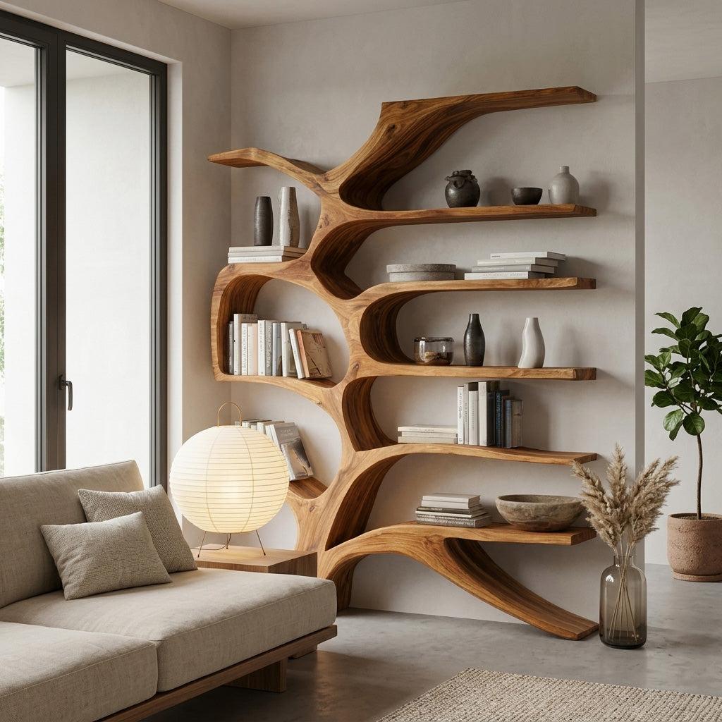 Contemporary Sculpted Wooden Bookshelf For Living Room Decor RTTHHNBS153
