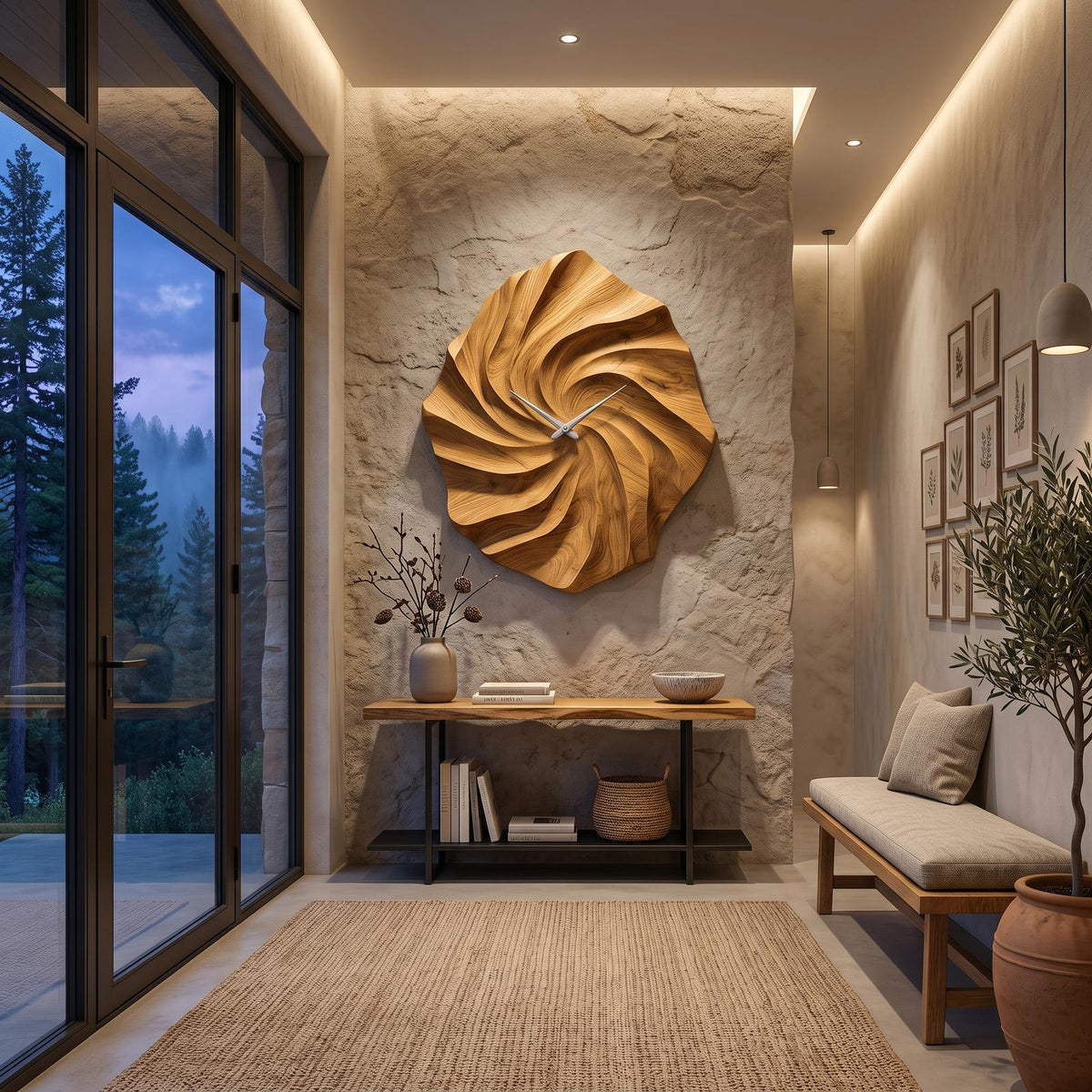 Artistic Wooden Wall Clock, Hand-Carved Ocean Wave 3D Wood Clock for Statement Bedroom & Living Room Decor
