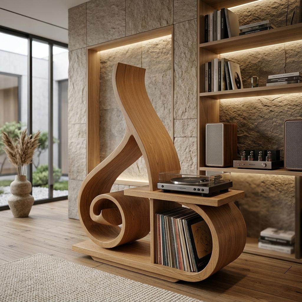 Contemporary Sculptural Wooden Record Player Stand For Living Room