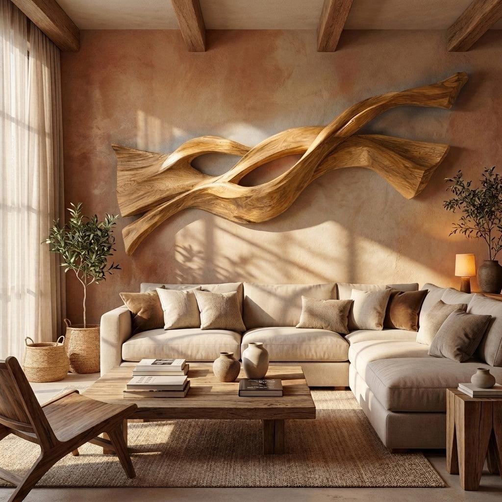 Contemporary Wood Wall Art, Flowing Abstract Wave Design 3D Carved Wood Sculpture for Living Room Decor
