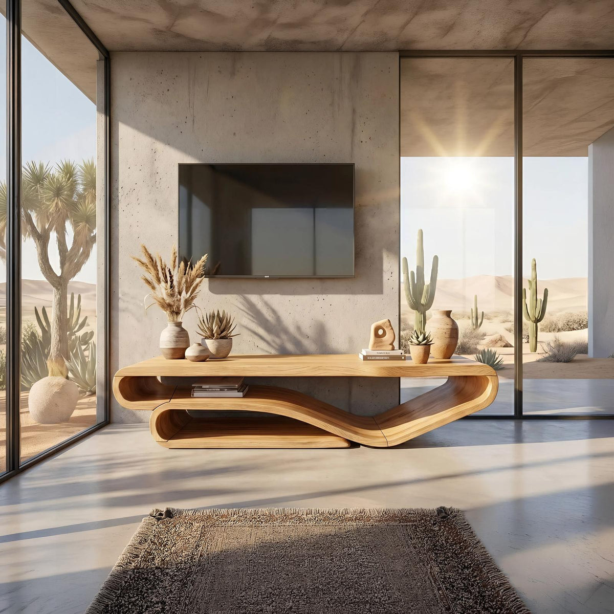 Scandinavian Sculpted Wood TV Console, Modern Floating Style Media Center Credenza for Living Room