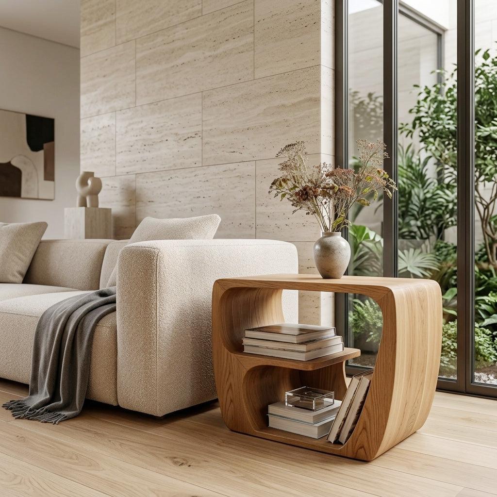Quiet Luxury Wooden Side Table with Open Storage, Handcrafted Solid Wood End Table for Living Room & Lounge, Model