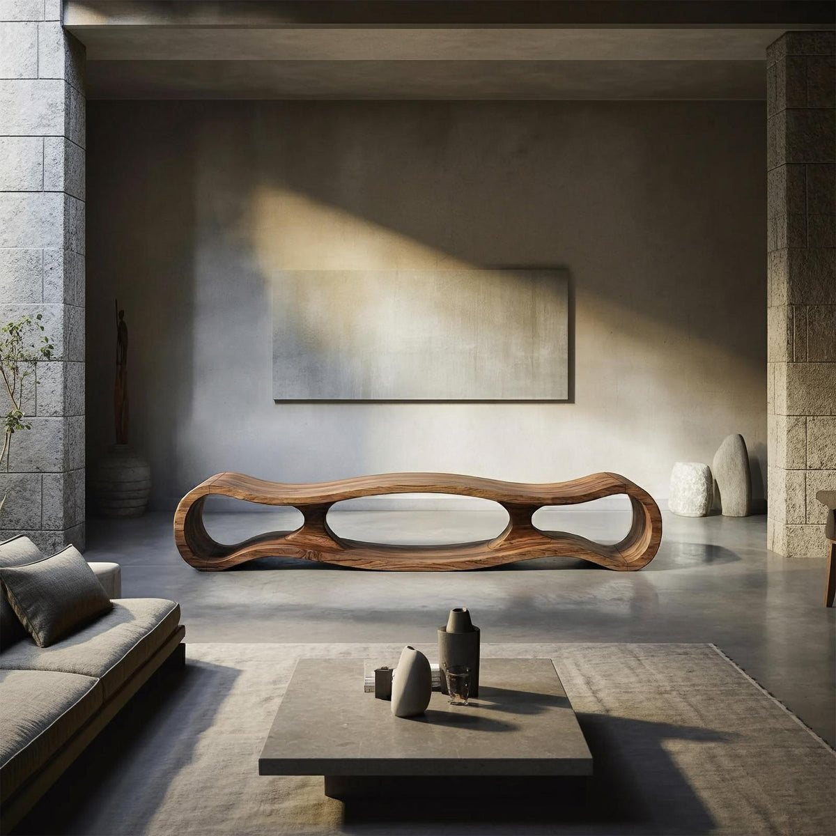Spry Interior Rustic Sculptural Solid Wood Bench, Art-Inspired Entryway Seating & Living Room Accent Bench, SINLSARS072
