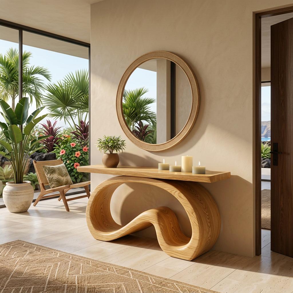 Artistic Wooden Console Table with Flowing Wood Base, Handcrafted Entryway Table for Living Room & Hallway, Model