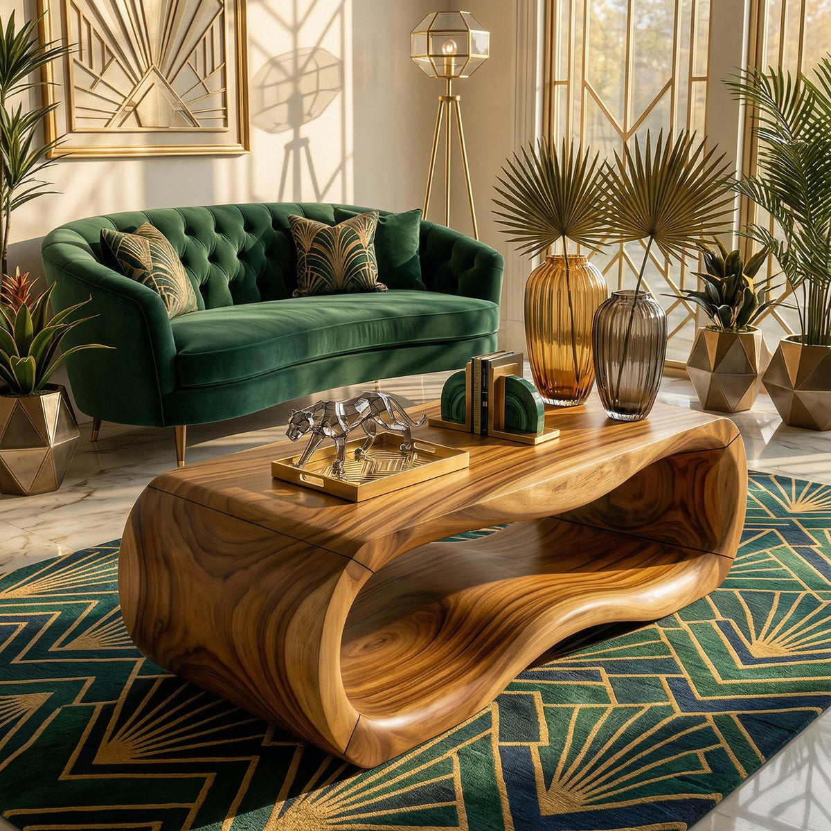 Luxury Sculptural Wood Coffee Table, Solid Wood Contemporary Accent Center Table for Designer Villa and Living Room