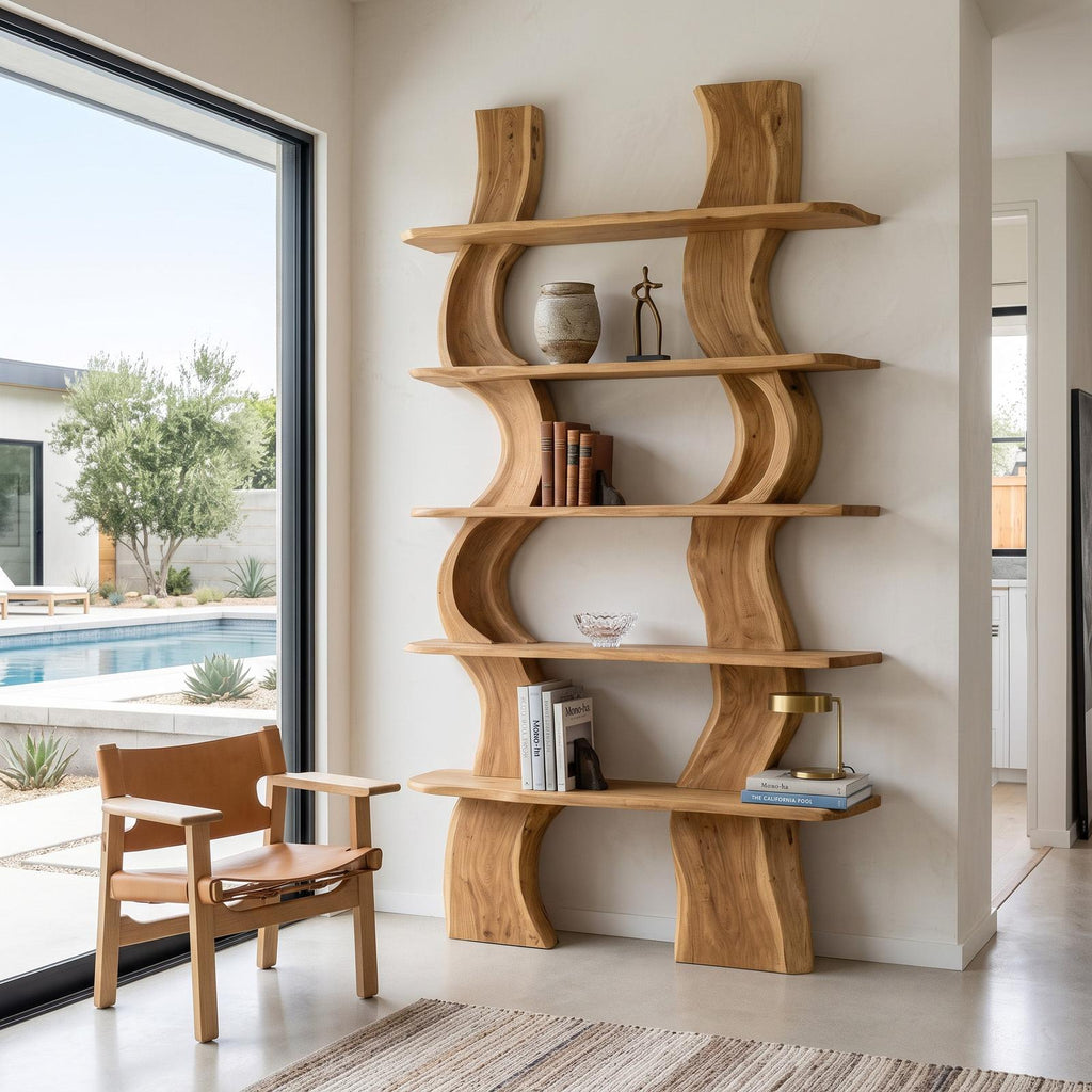 Organic Carved Wood Shelf Storage & Bookcase Display Unit, Solid Wood Accent Shelving for Home Office or Living Room