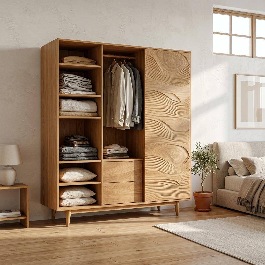 Minimal Wardrobe With Carved Front For Bedroom Space