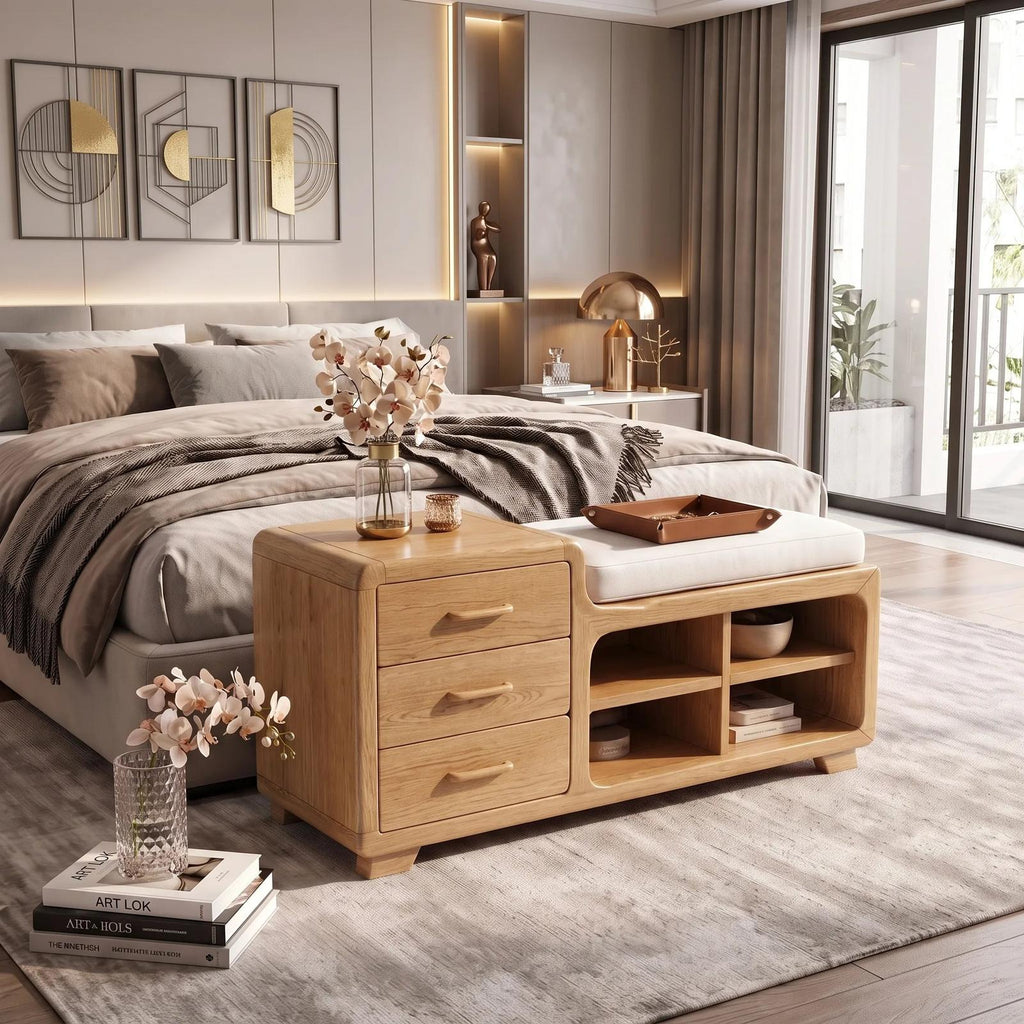 Modern Wooden Storage Bench Drawers Cushion For Bedroom Decor