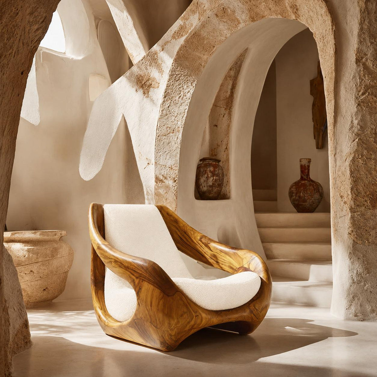 Sculptural Natural Wood Accent Chair, Artistic Handcrafted Solid Wood Lounge Armchair for Living Room