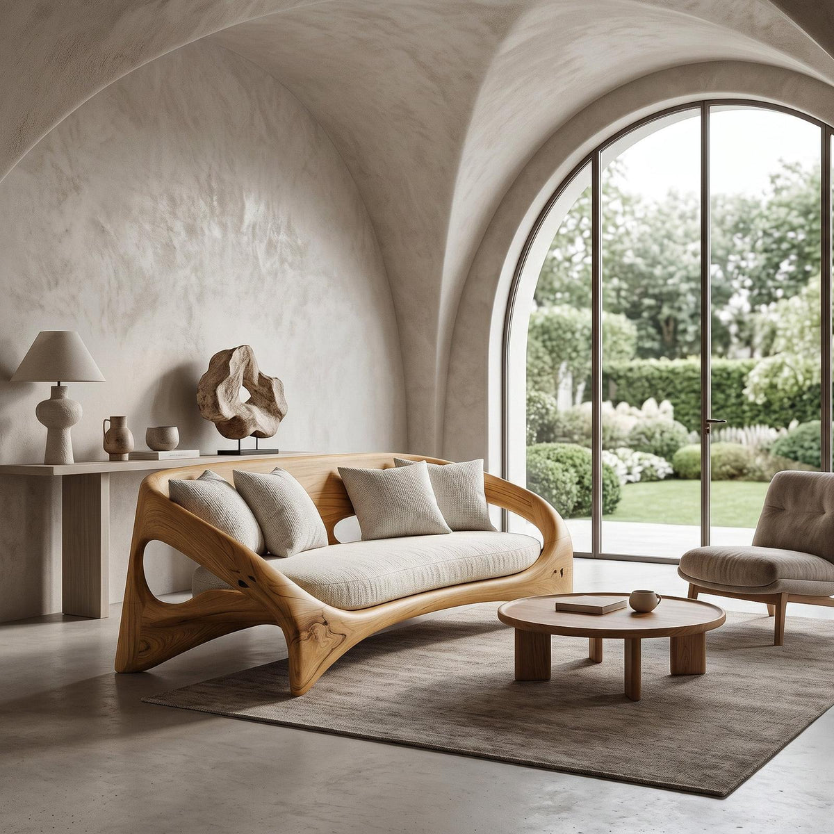 Organic Sculptural Sofa, Contemporary Solid Wood Settee, Modern Designer Couch for Living Room Lounge Space