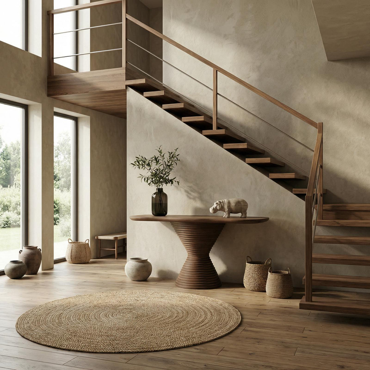 Modern Round Pedestal Console Table, Solid Wood Accent Sofa Table for Living Room & Foyer
