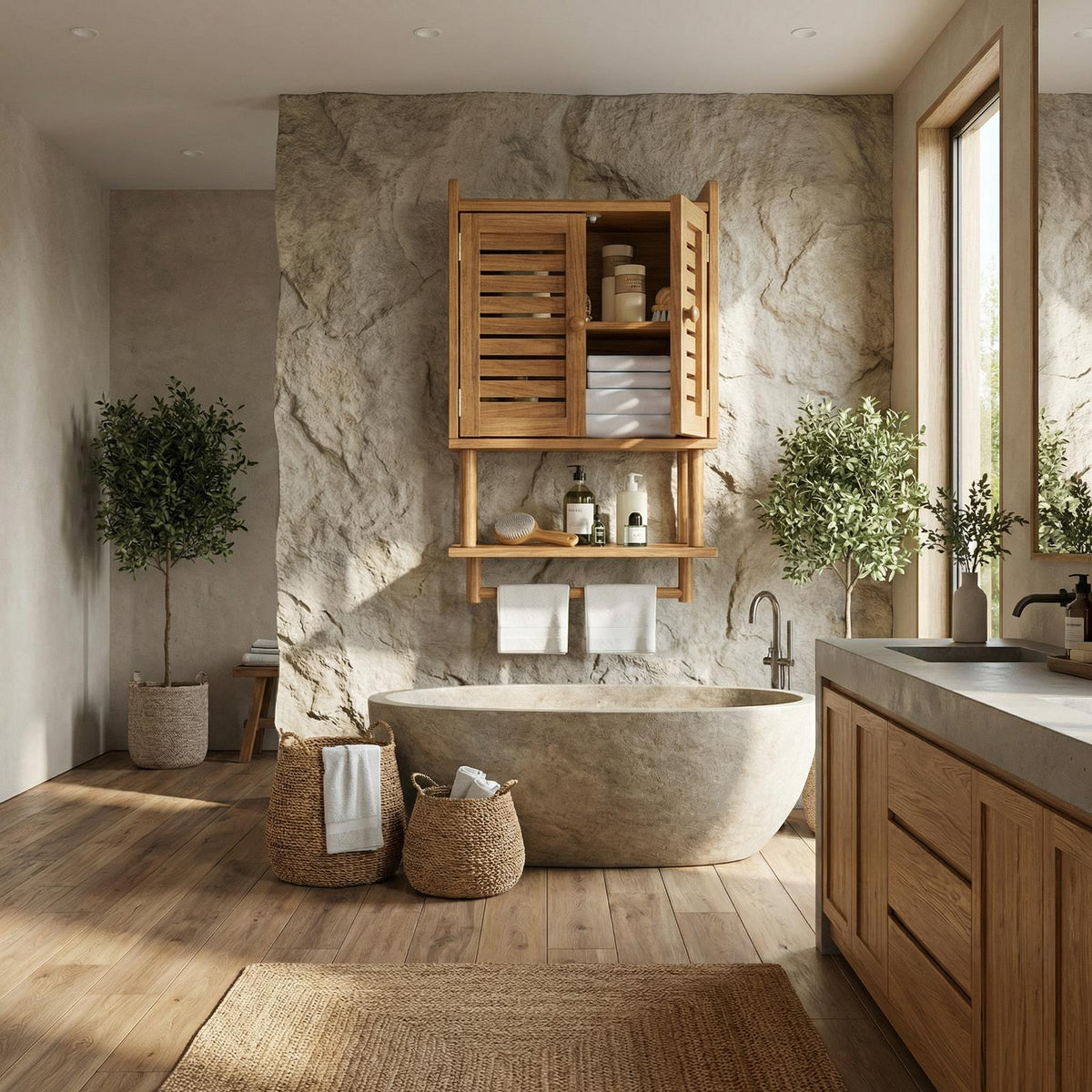 Solid Wood Bathroom Cabinet, Rustic Wall-Mounted Storage Organizer Cupboard for Bathroom Space