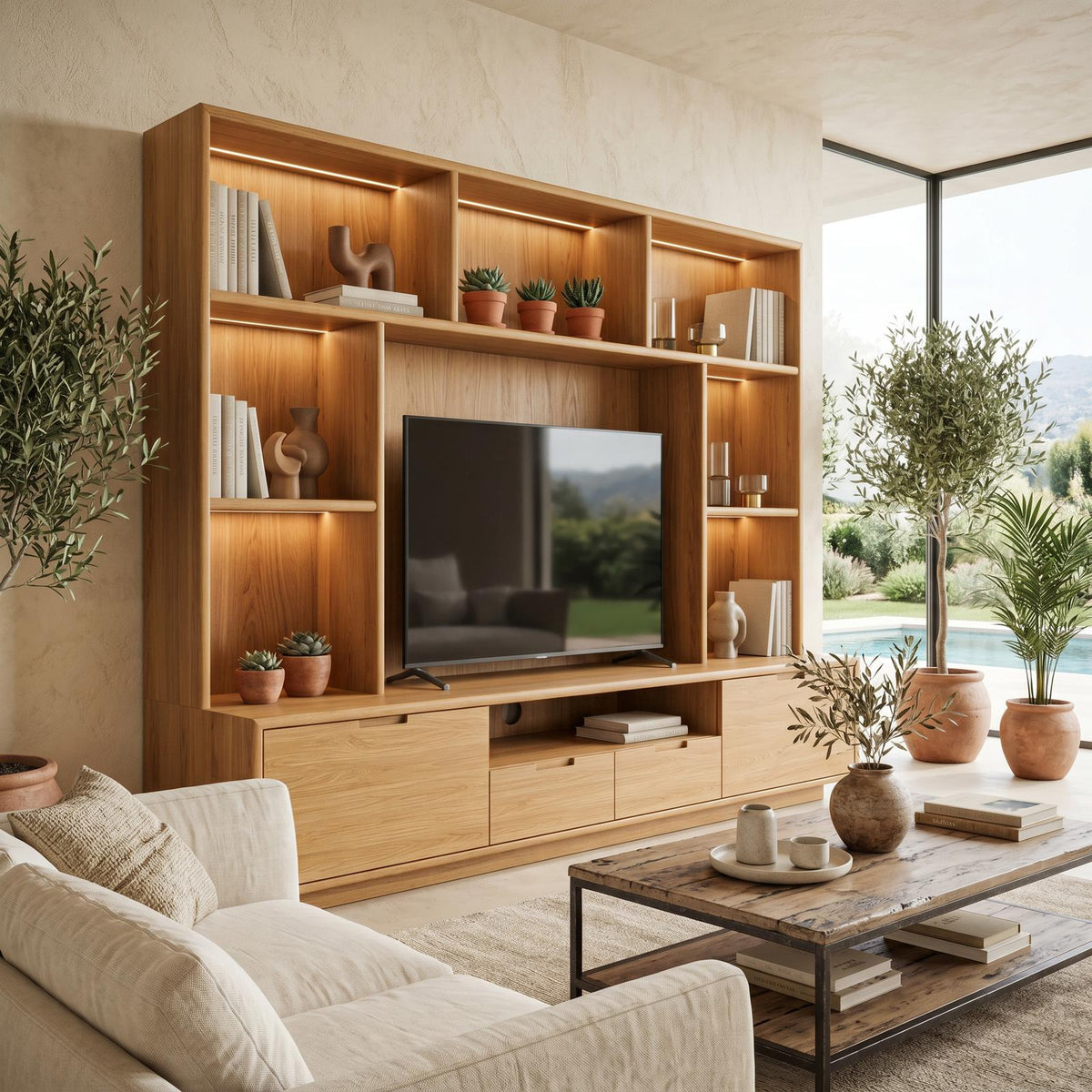 Teezano Modern TV Wall Unit with Backlight Shelves, Floating Wood Entertainment Center Media Console for Living Room, SITHTTTVC013