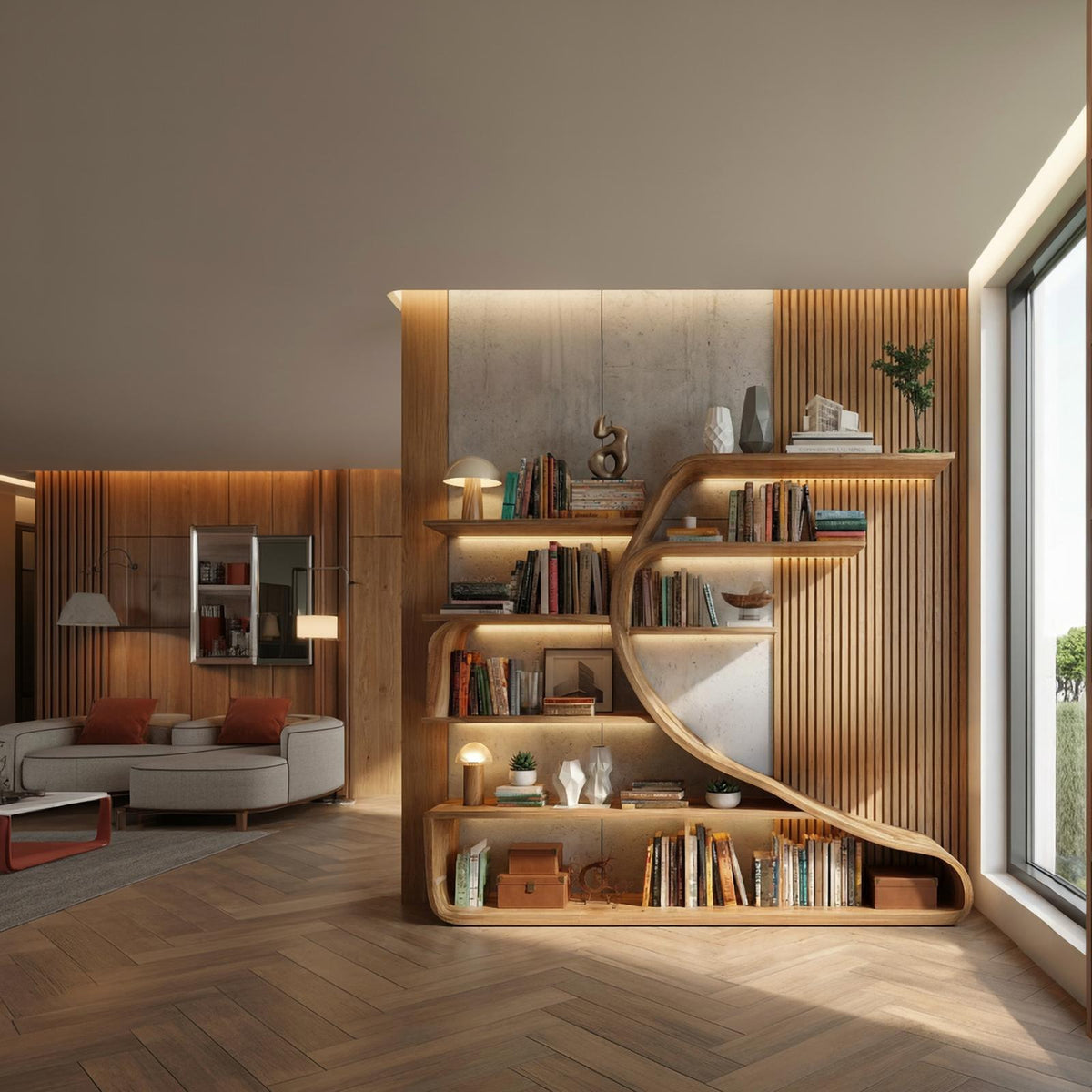 Rustic Sculptural Wood Wall Bookshelf, Floating Tree-Shape Book Display Shelf for Bedroom & Living Room