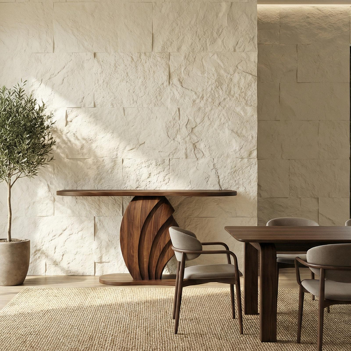 Modern Sculptural Console Table, Solid Wood Accent Sofa Table for Living Room & Entryway