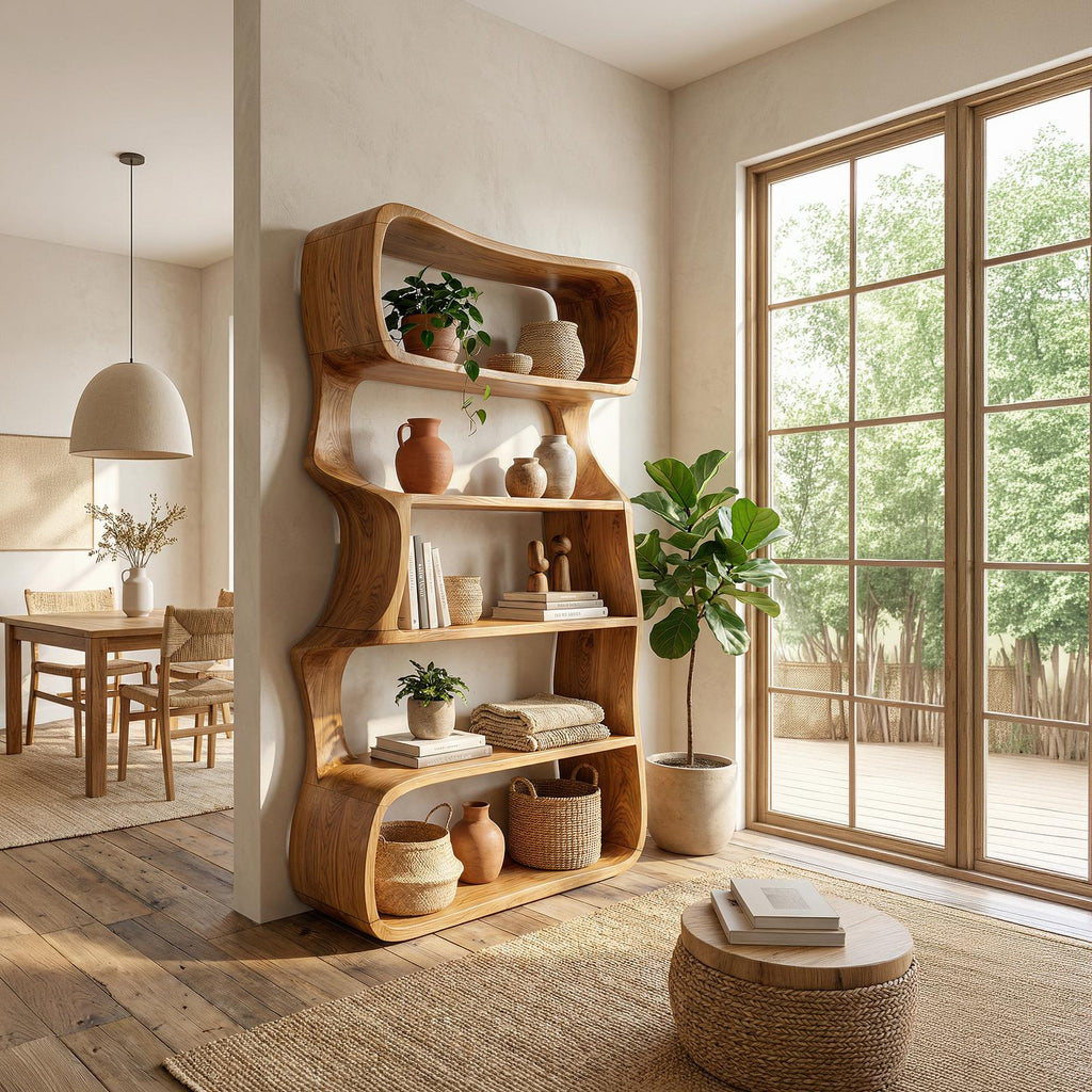 Organic Wooden Bookshelf, Handcrafted Solid Wood Display Rack & Geometric Bookcase for Living Room & Home Office