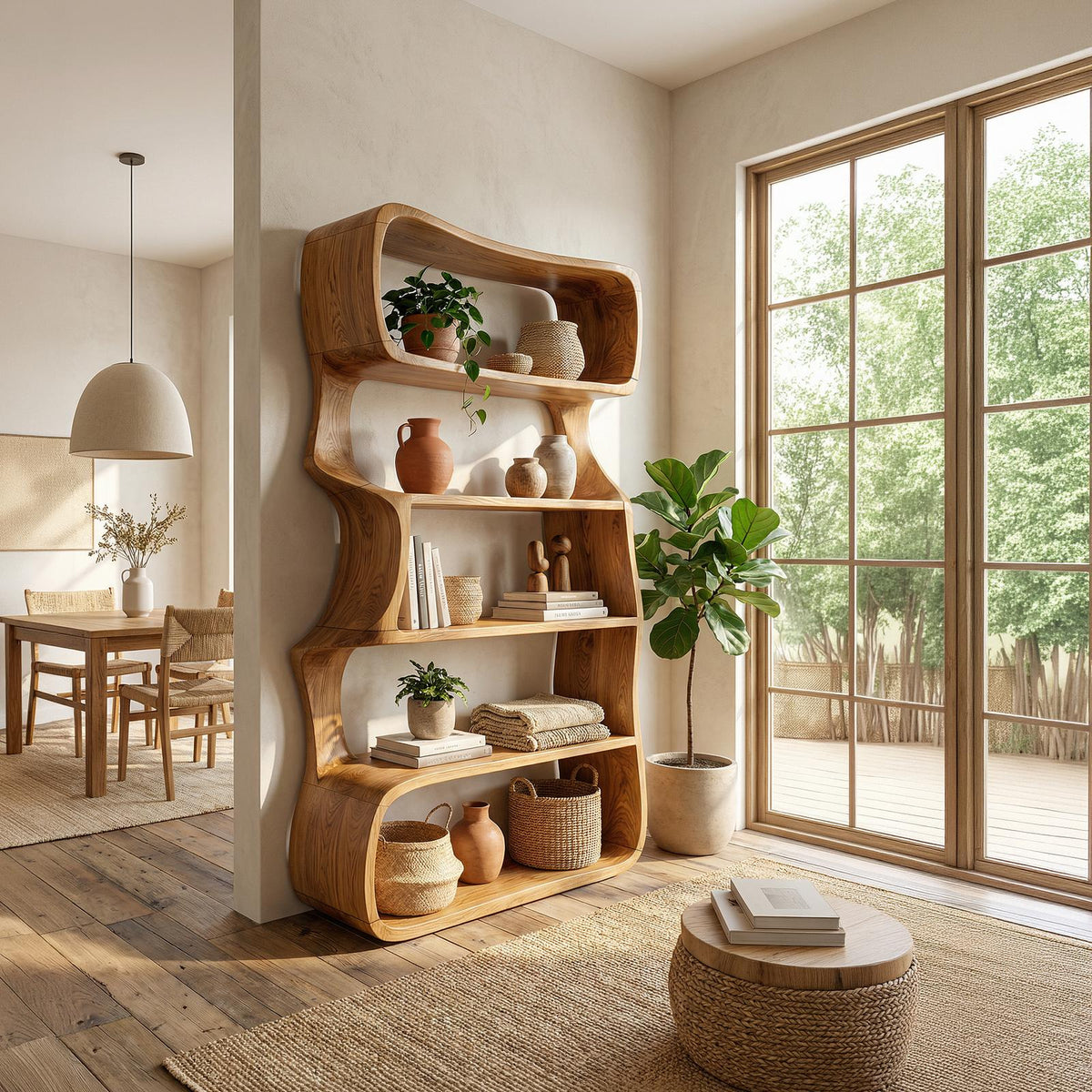 Organic Wooden Bookshelf, Handcrafted Solid Wood Display Rack & Geometric Bookcase for Living Room & Home Office