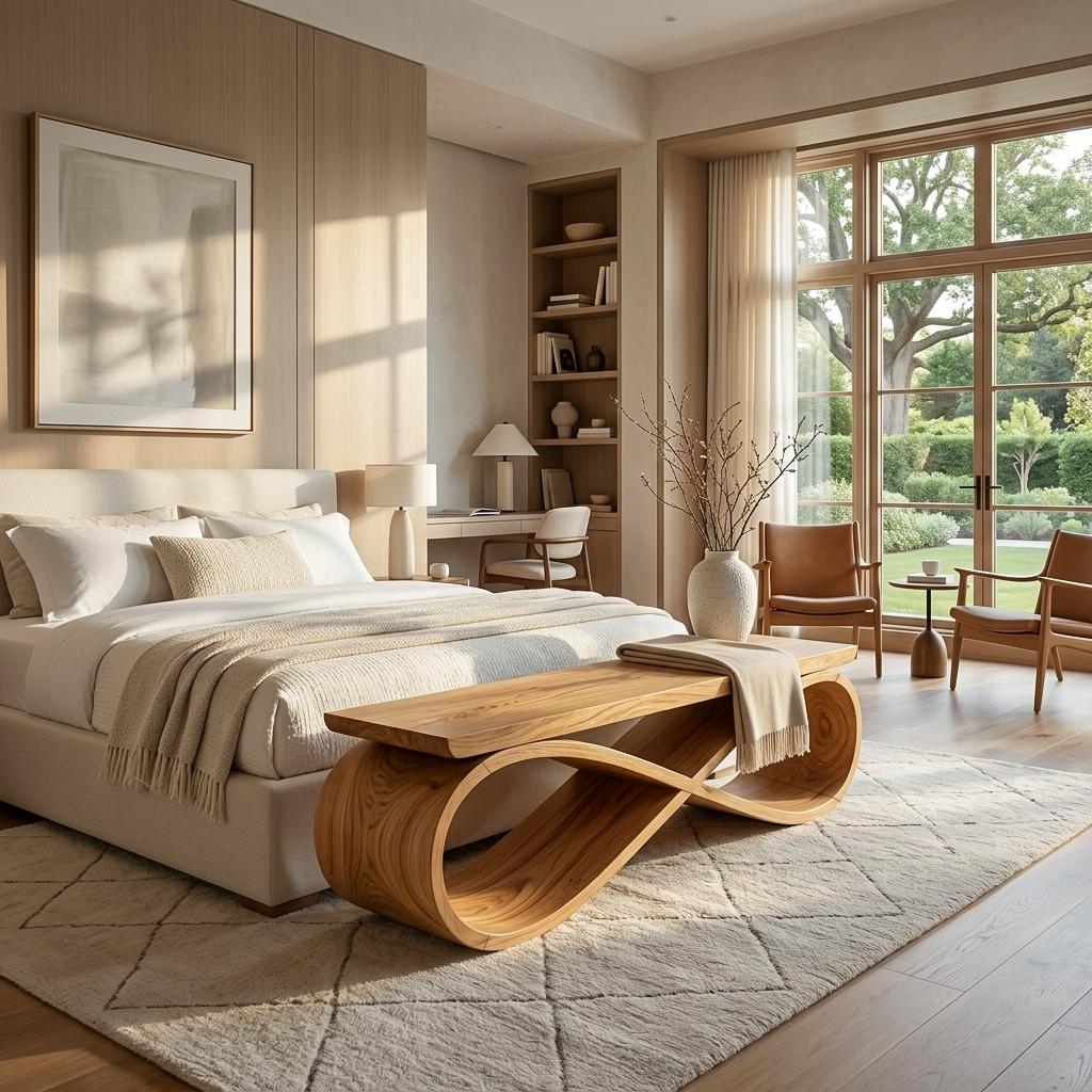 Infinity Loop Sculptural Bench, Contemporary Handcrafted Solid Wood Curved Bench Seat for Entryway & Living Room