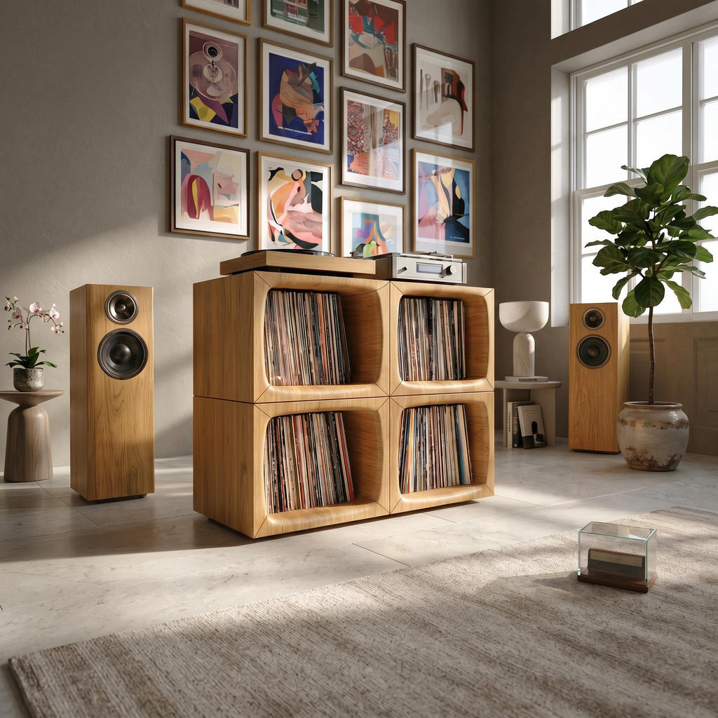 Modern Wooden Cube Record Storage Cabinet, Handcrafted Vinyl LP Storage Organizer with Turntable Stand, Model