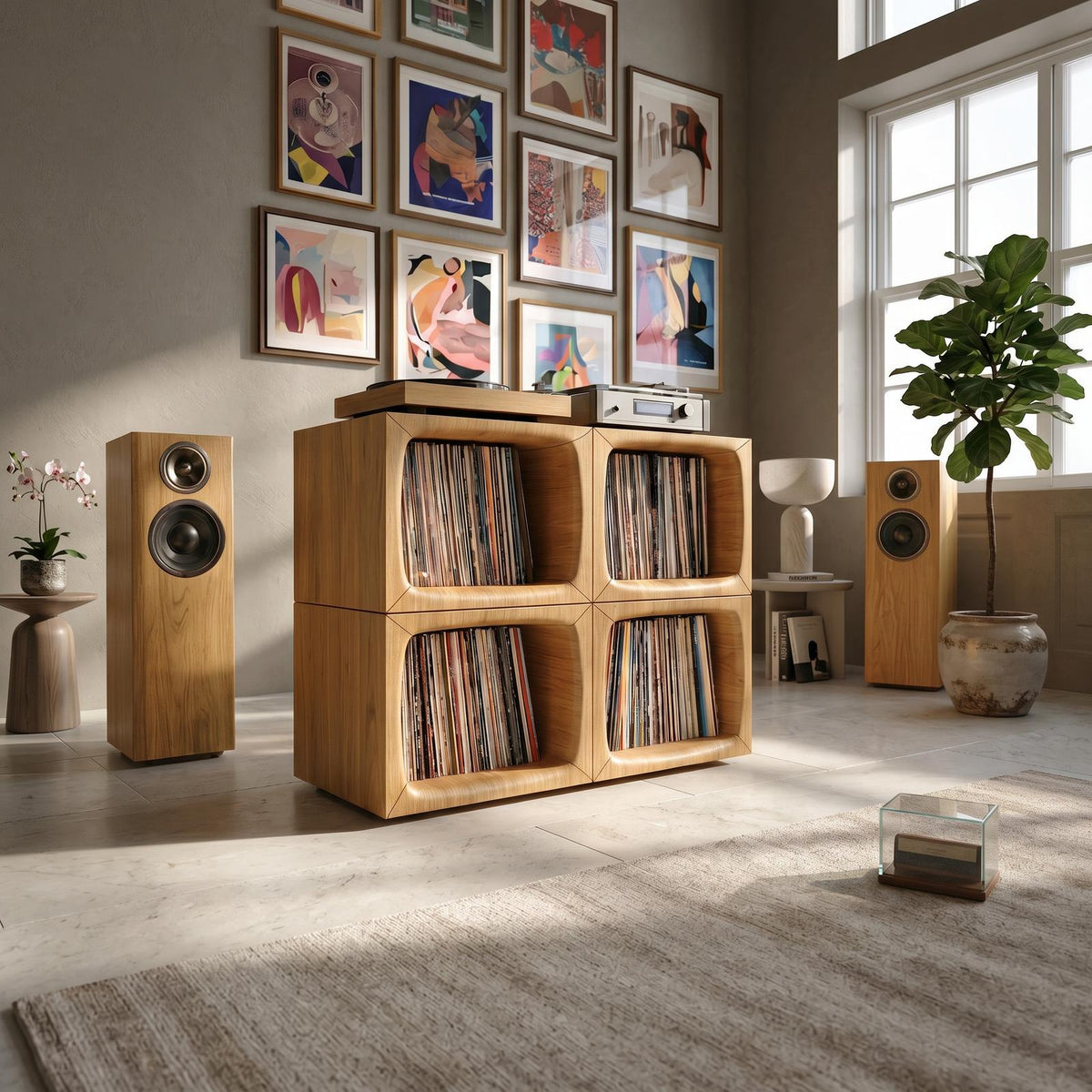 Modern Wooden Cube Record Storage Cabinet, Handcrafted Vinyl LP Storage Organizer with Turntable Stand, Model