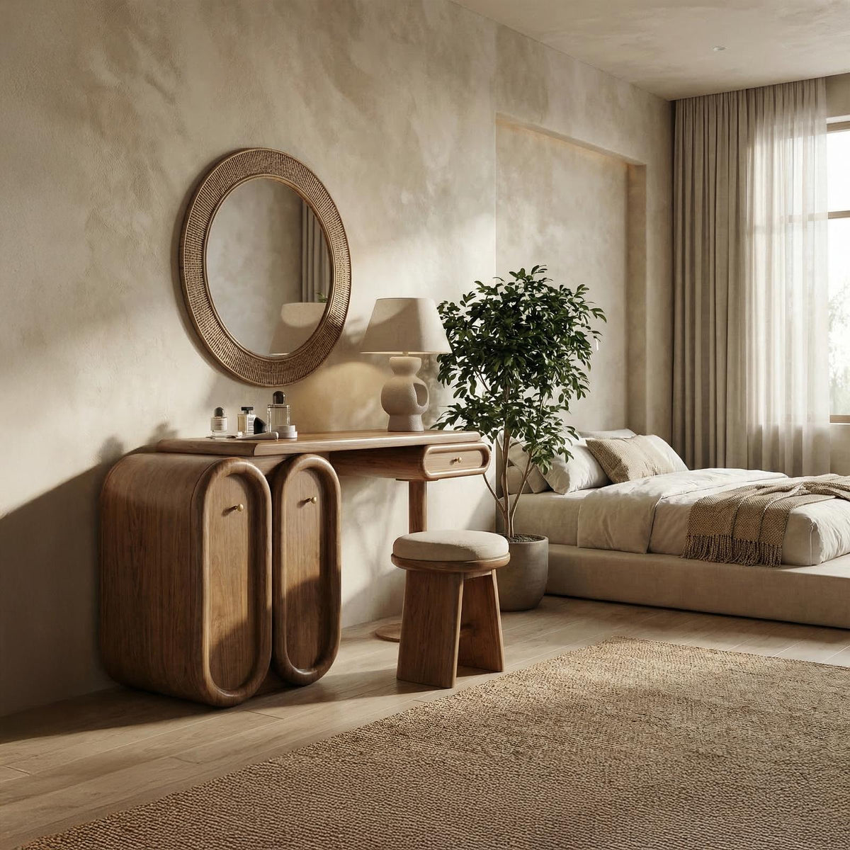 Spry Interior Modern Dressing Table with Storage, Solid Wood Unique Sculptural Makeup Vanity Desk for Bedroom Decor, SINLSABDT050