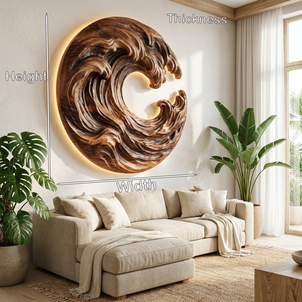 Organic Wooden Wave Wall Art, 3D Hand-Carved Ocean Wave Wood Wall Sculpture Panel for Coastal Living Room