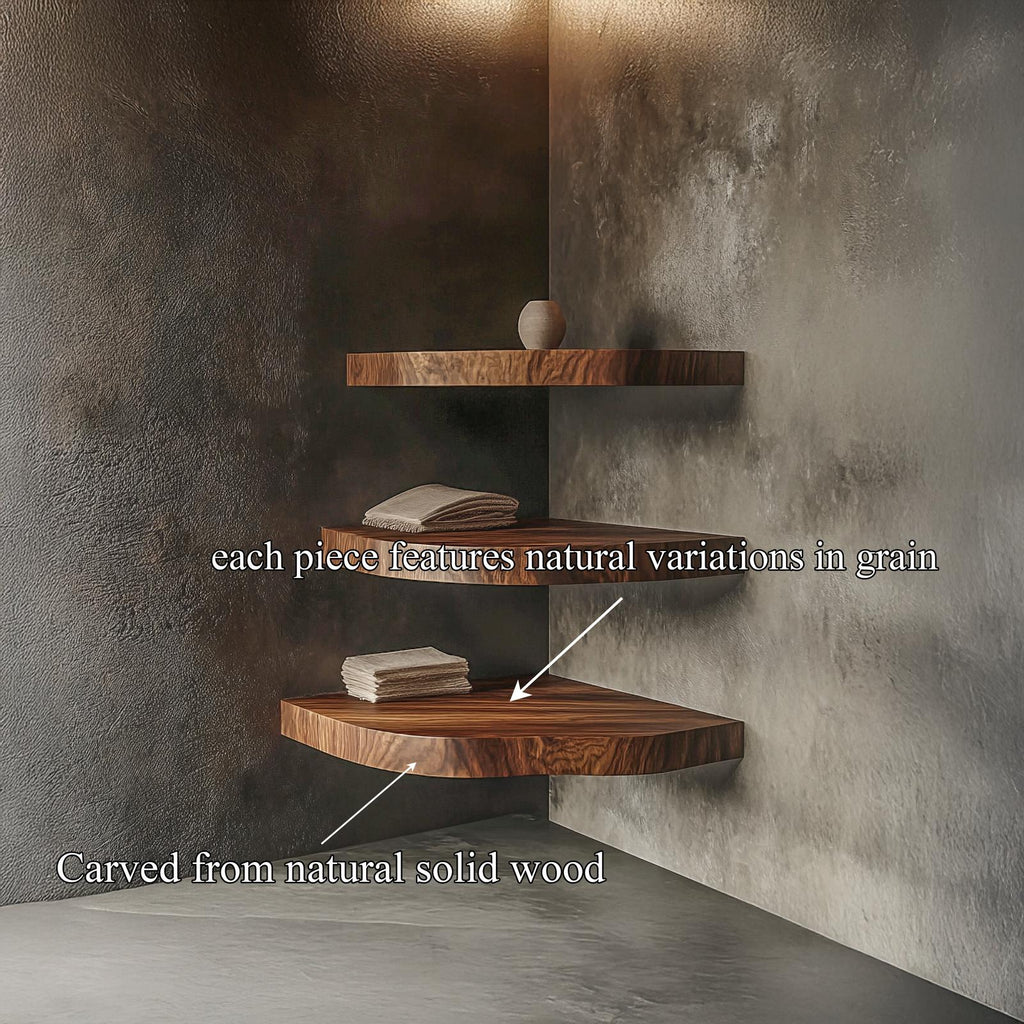 Rustic Nature Inspired Solid Wood Corner Display Shelves, Wall Mounted Decorative L-Shelf for Living Room Decor