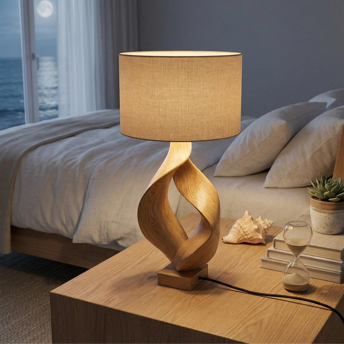 Rustic Sculptural Wood Table Lamp, Cozy Lodge Driftwood Style Accent Light for Living Room
