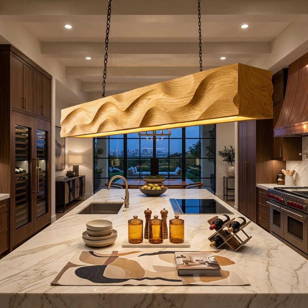 Modern Pendant Lighting with Carved Wave Wood Design, Handcrafted Hanging Ceiling Light for Dining Room & Island