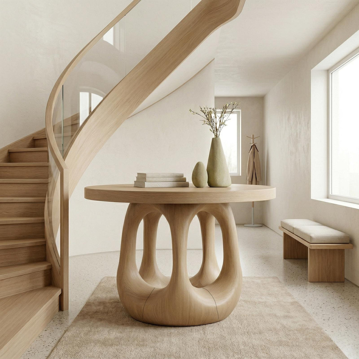Modern Sculptural Foyer Table, Solid Wood Entryway Table, Geometric Pedestal Accent for Living Room