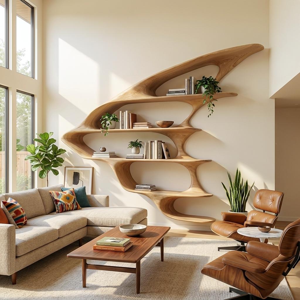 Wooden Floating Bookshelf with Unique Sculptural Design, Handcrafted Wall Mounted Display for Living Room & Office