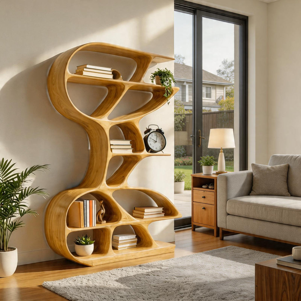 Wooden Bookshelf with Unique Sculptural Design, Handcrafted Solid Wood Bookcase for Modern Living Room & Office