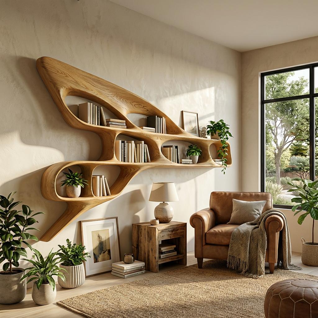 Organic Wooden Wall Bookshelf, Handcrafted Floating Wood Shelf Unit for Luxury Living Room & Office Interior