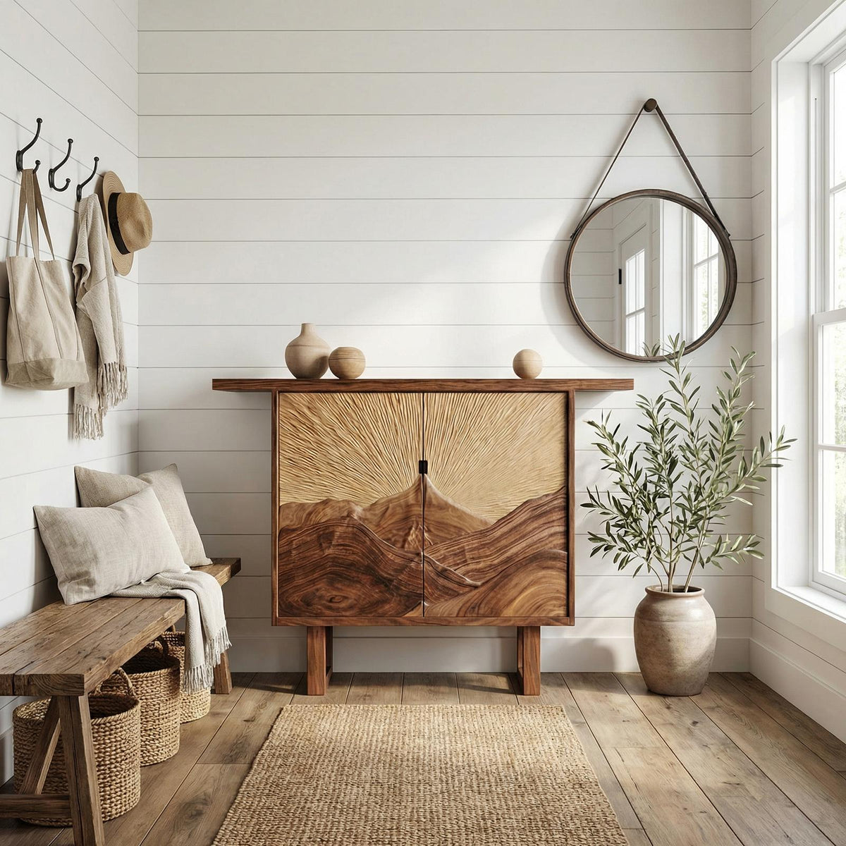 Spry Interior Rustic Mountain Relief Sideboard, Solid Wood Dining Room Buffet Cabinet, Art Deco Storage Credenza for Apartments, SINLSASC478
