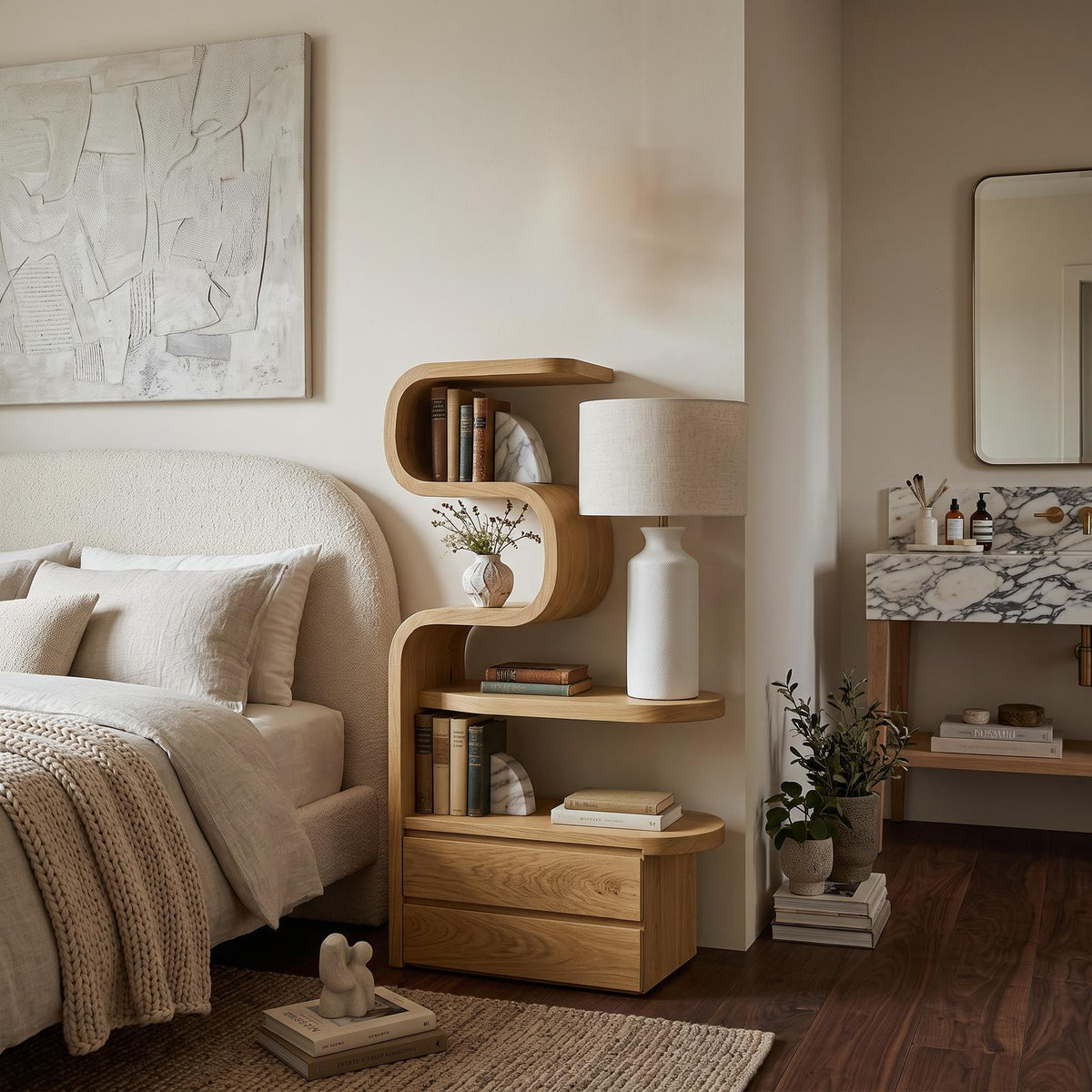 Spry Interior Sculpted Solid Wood Nightstand, Modern Bedside Table with Storage Shelves & Drawers for Bedroom, SITHTTNS014