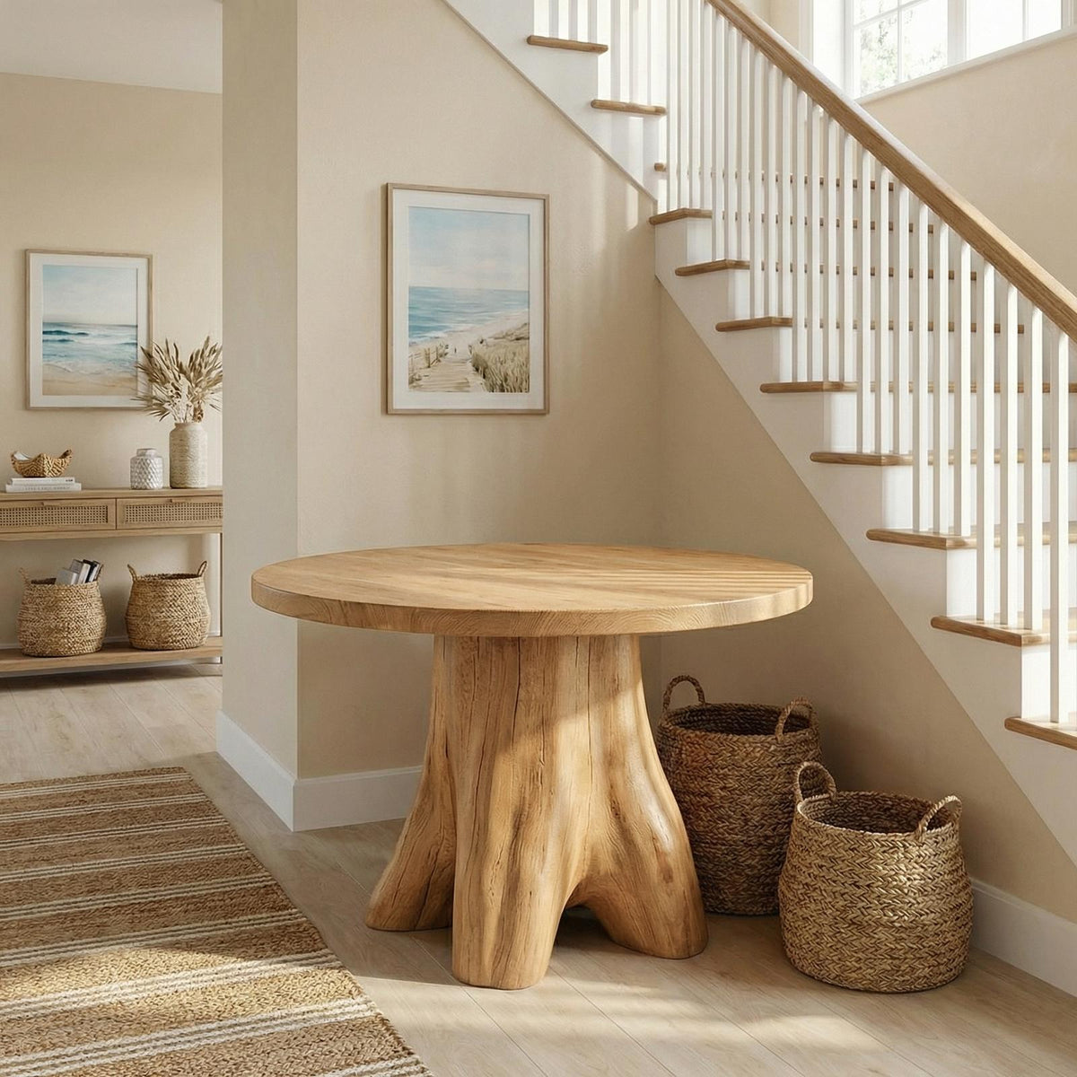 Modern Sculptural Foyer Table, Solid Wood Pedestal Entryway Accent Table for Living Room