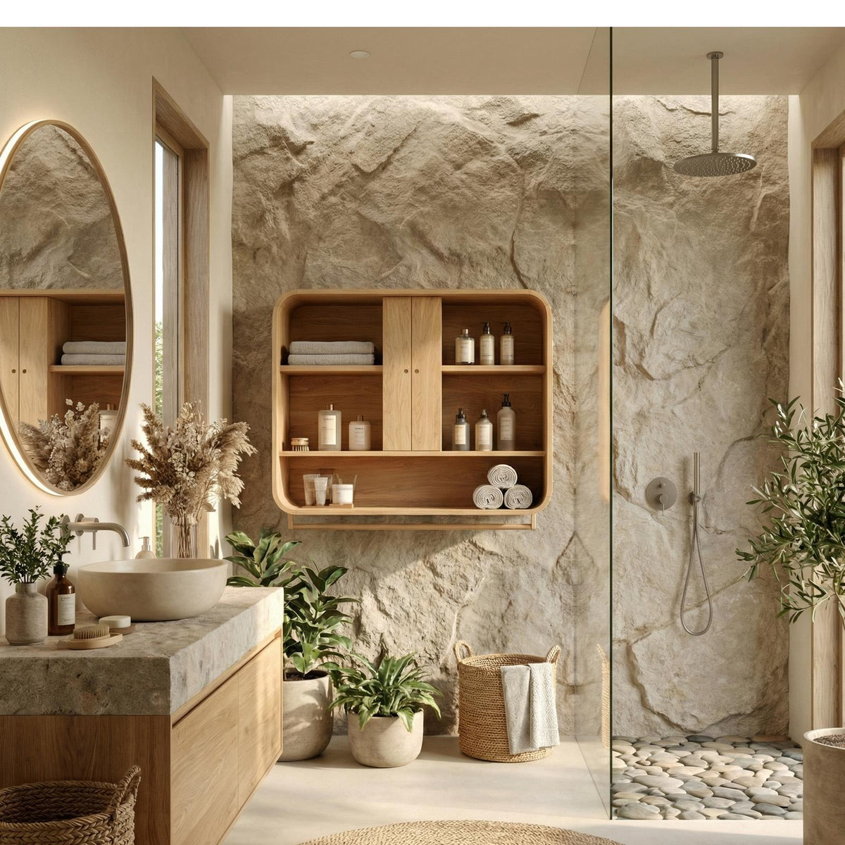 Minimalist Bathroom Cabinet, Solid Natural Wood Wall-Mounted Storage Organizer Cupboard