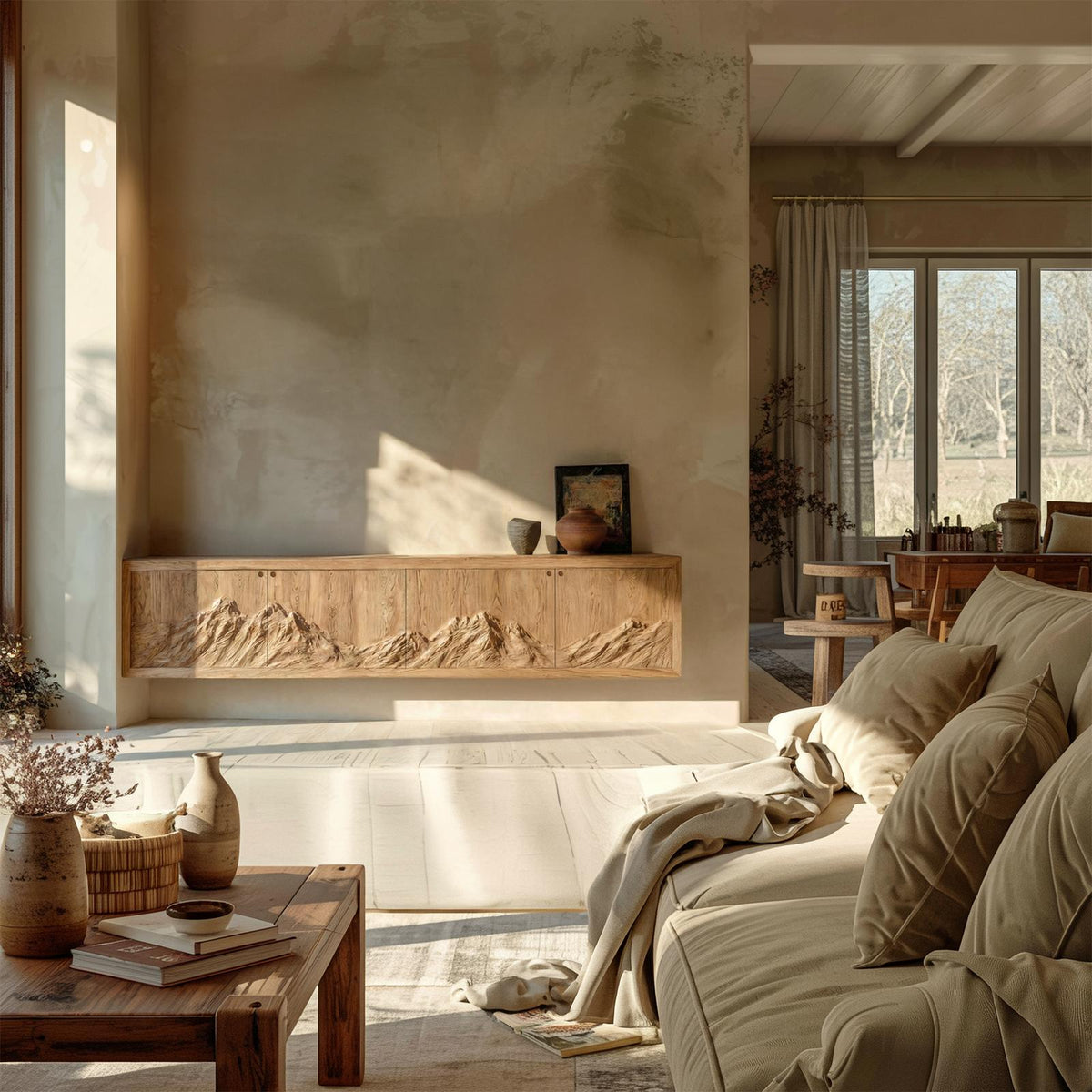 Rustic Mountain Carved Sideboard Console For Living Room