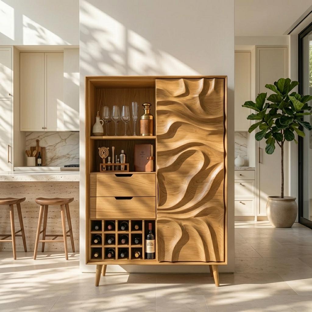 Sculptural Bar Cabinet With Wave Carved Doors For Kitchen SITHTTBCA016