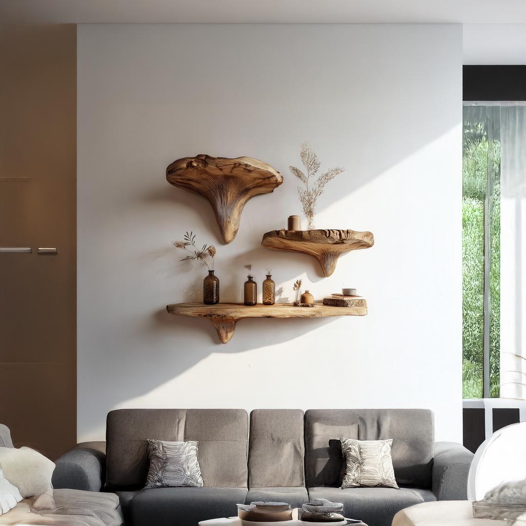 Rustic Live Edge Mushroom Floating Shelves, Handcrafted Wood Branch Wall Mounted Display Shelf for Living Room