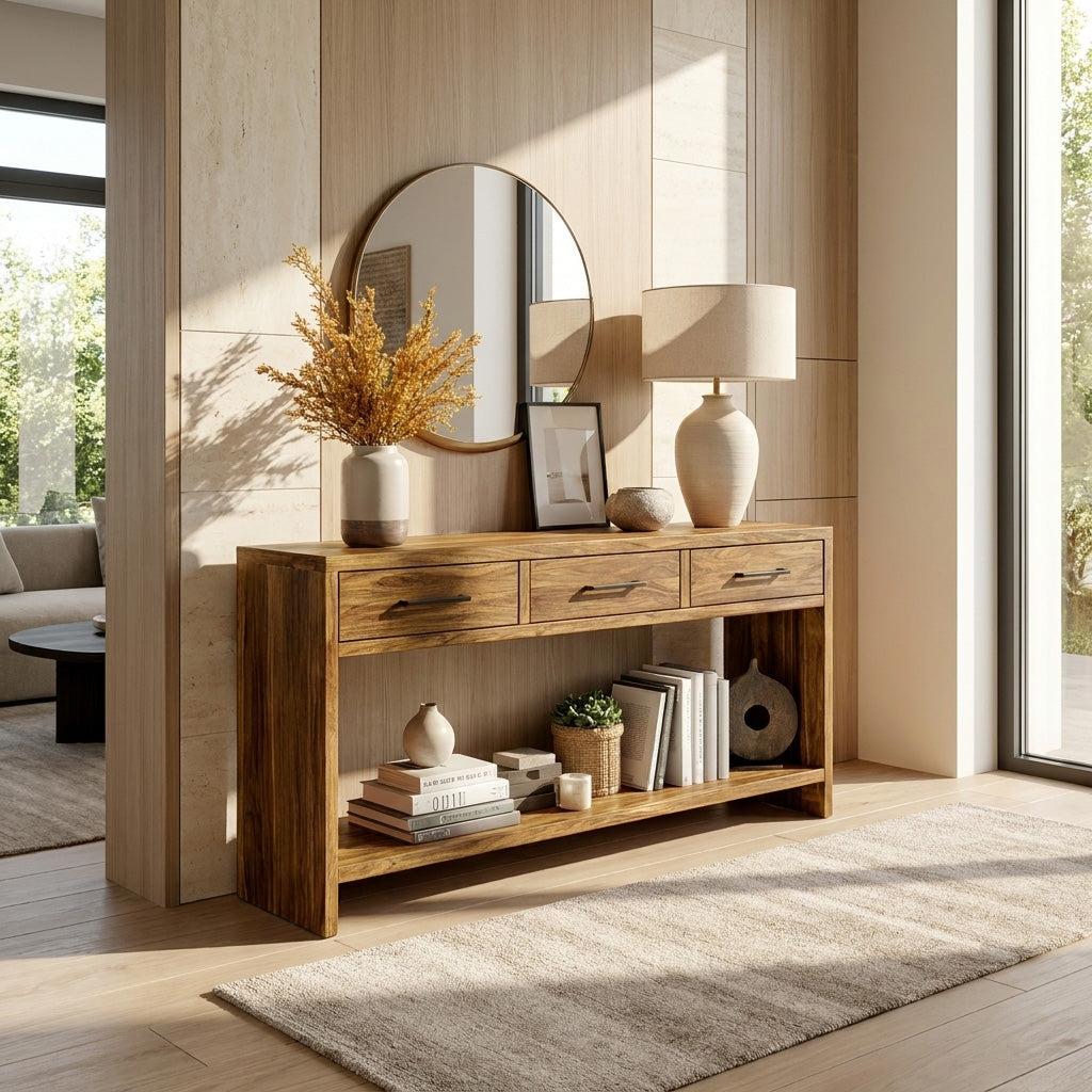 Handcrafted Wooden Console Table with Drawers, Solid Wood Entryway Table for Living Room & Hallway, Model