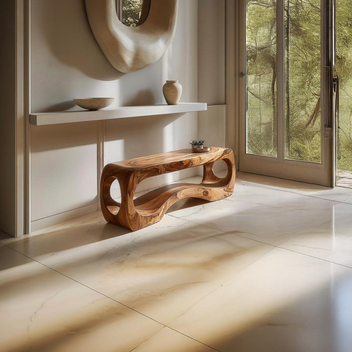 Spry Interior Rustic Sculptural Wood Bench, Handcrafted Entryway Seating & Living Room Accent Bench, SINLSARS073