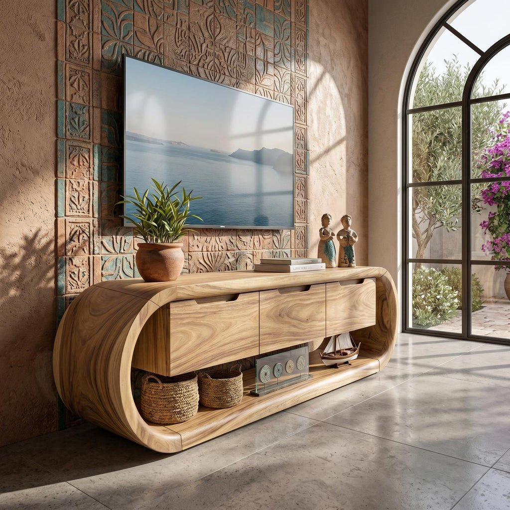 Coastal Greek Island TV Stand Console, Rustic White Santorini Style Solid Wood Media Center for Living Room