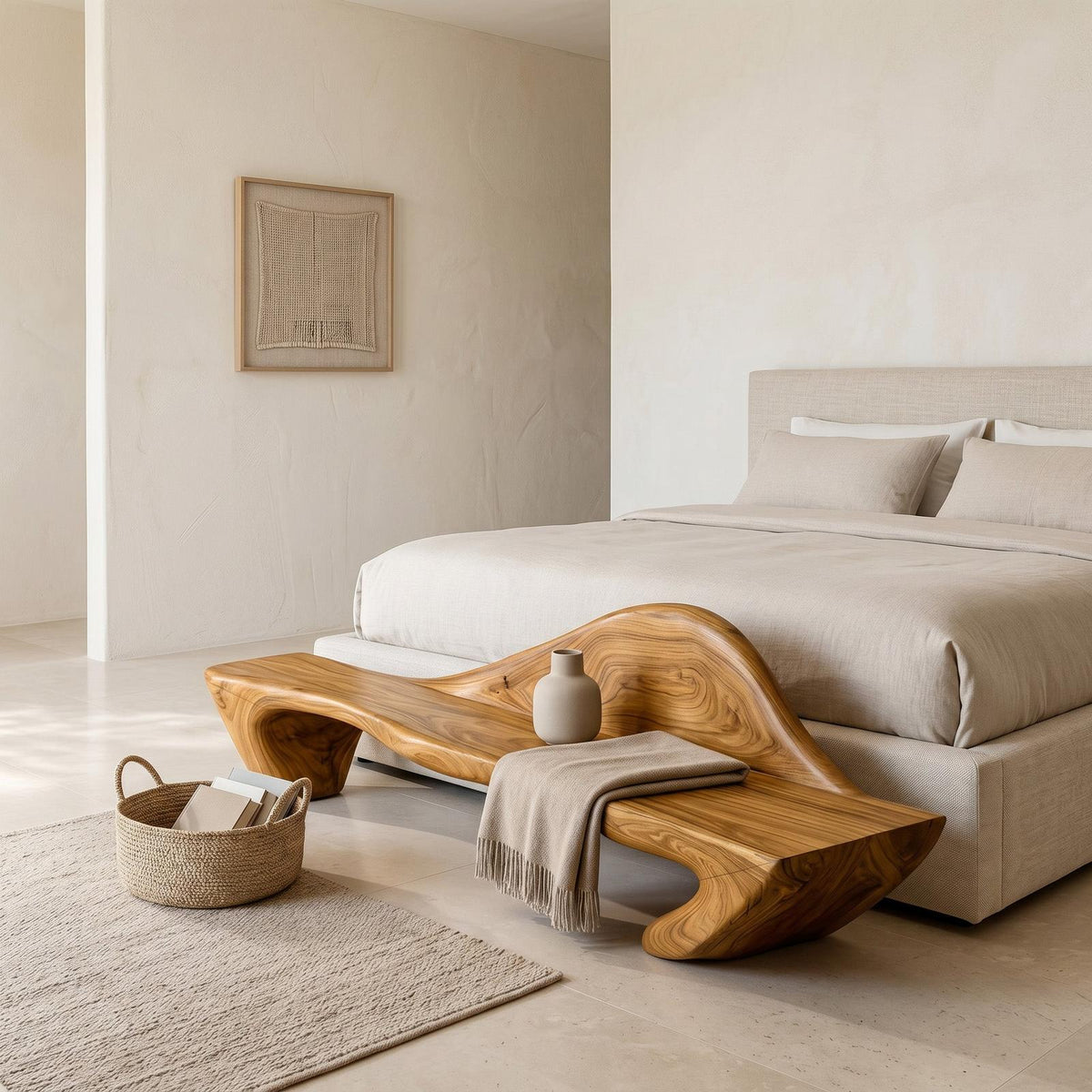 Contemporary Sculptural Bench With Raised Backrest For Entryway