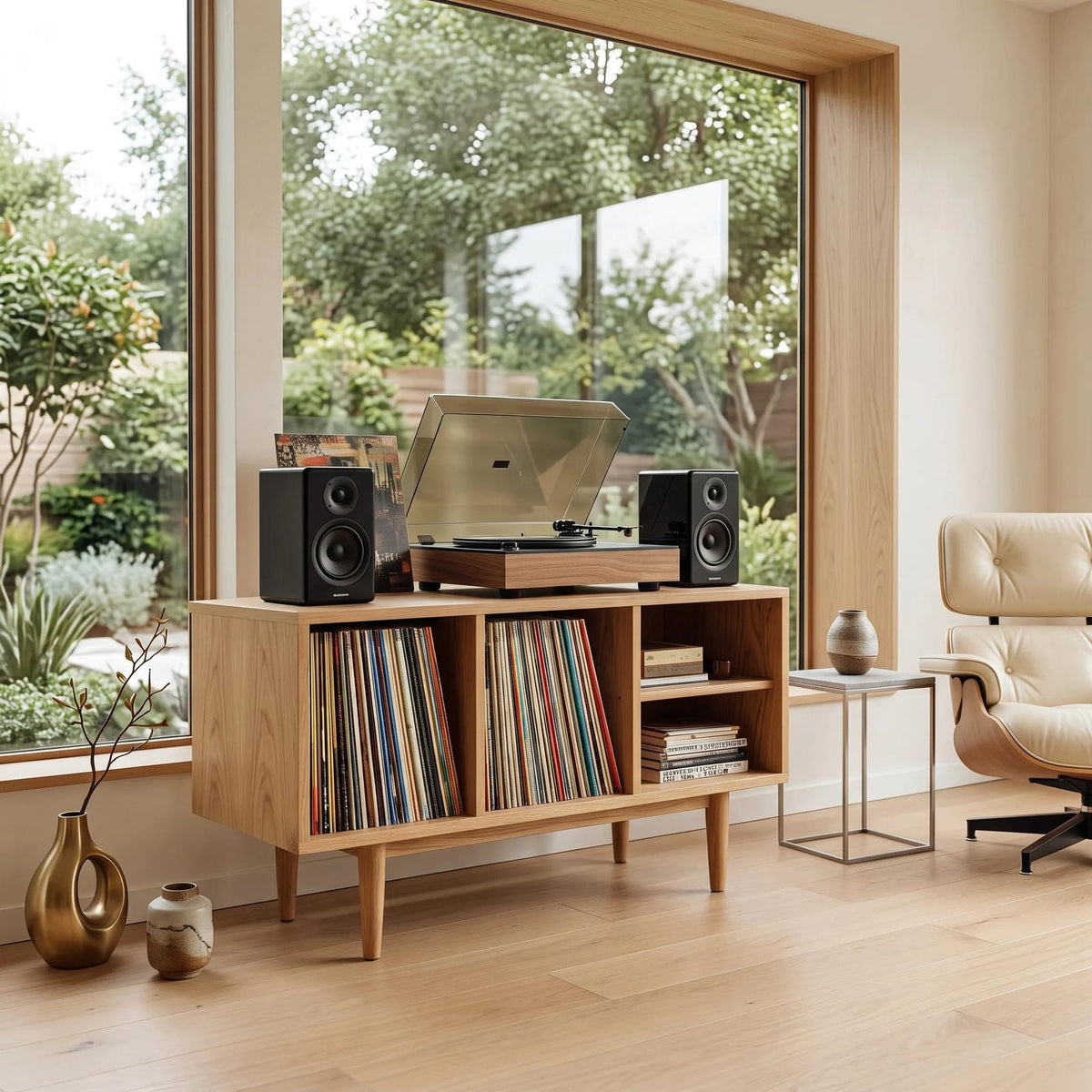 Minimalist Record Cabinet With Four Open Shelves For Interior
